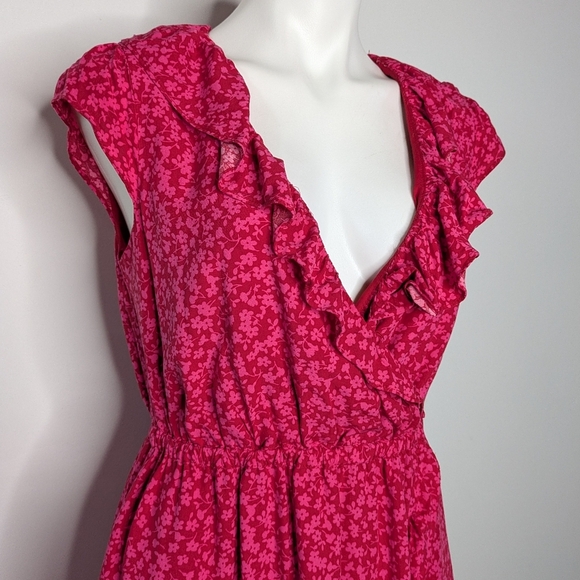 J Crew Red Pink Ditsy Floral Ruffle V Neck Short Sleeve Short Dress 4 - Picture 4 of 9